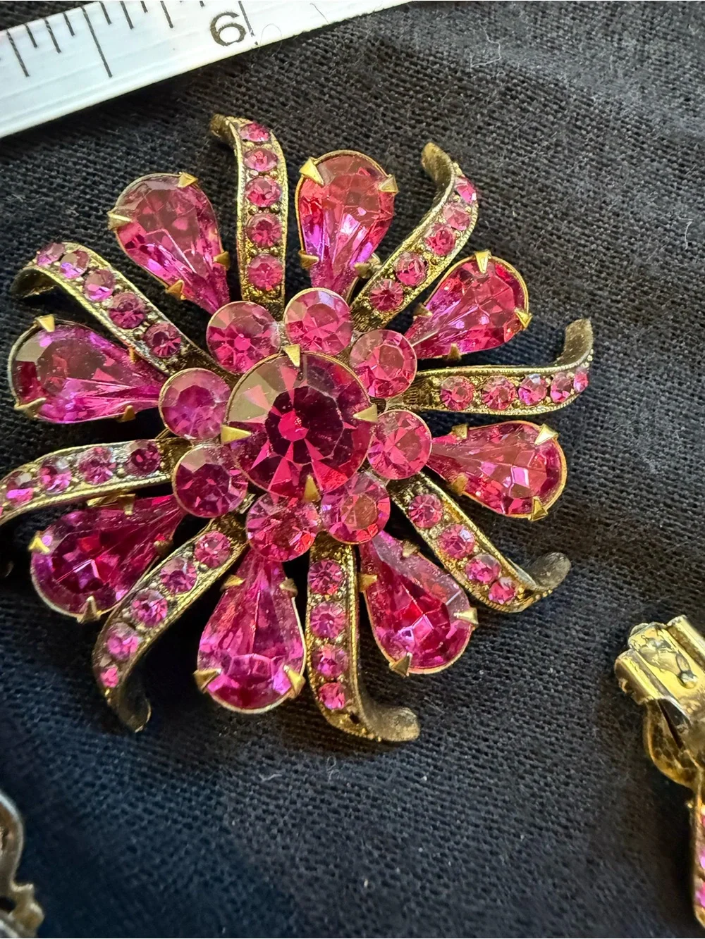 Vintage Pink Crystal Flower Brooch and Clip-On Earrings Set